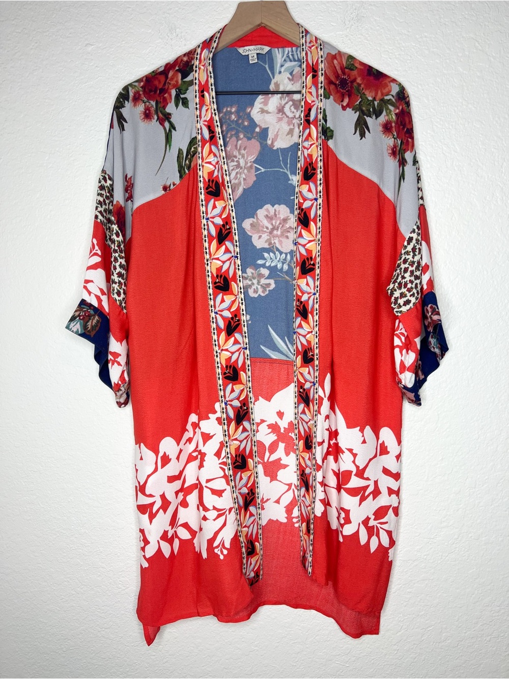 John Mark Kimono Red Mixed Floral Print size Medium Open Front Bead Accent